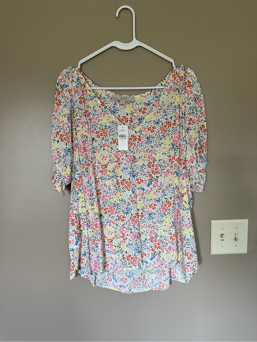 LOFT White Floral Scoop Neck Top with Coral, Yellow & Blue Accents